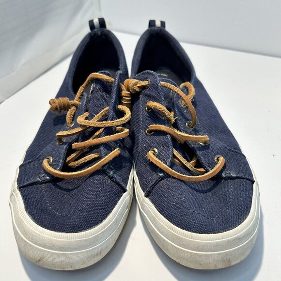 Sperry top sider women's Size 8.5 Navy Blue Canvas rawhide leather brown laces - Picture 1 of 5